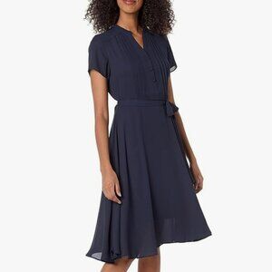 Nanette Lepore Flutter‎ Sleeve Pintuck Shirt Dress Women 4 Navy Blue A Line Midi